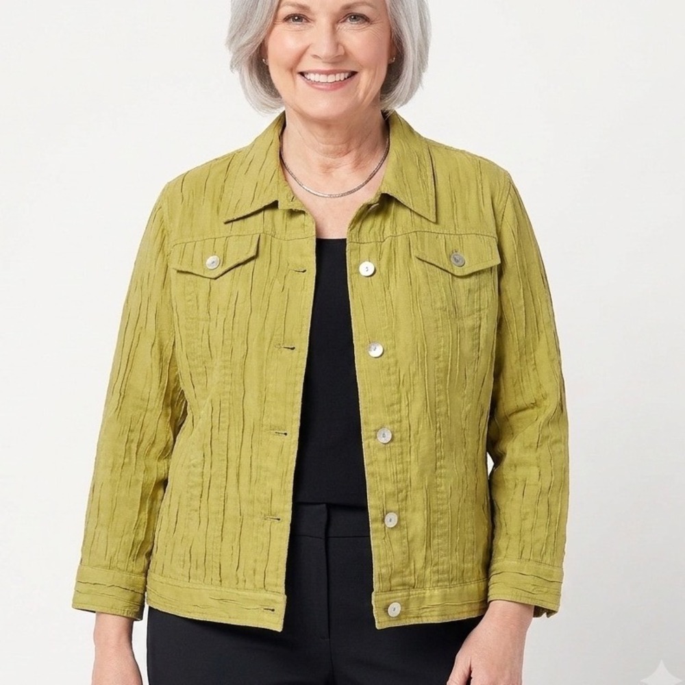Ruby Rd Womens Chartreuse Yellow Green Crinkle Texture Button Front Jacket Sz 16